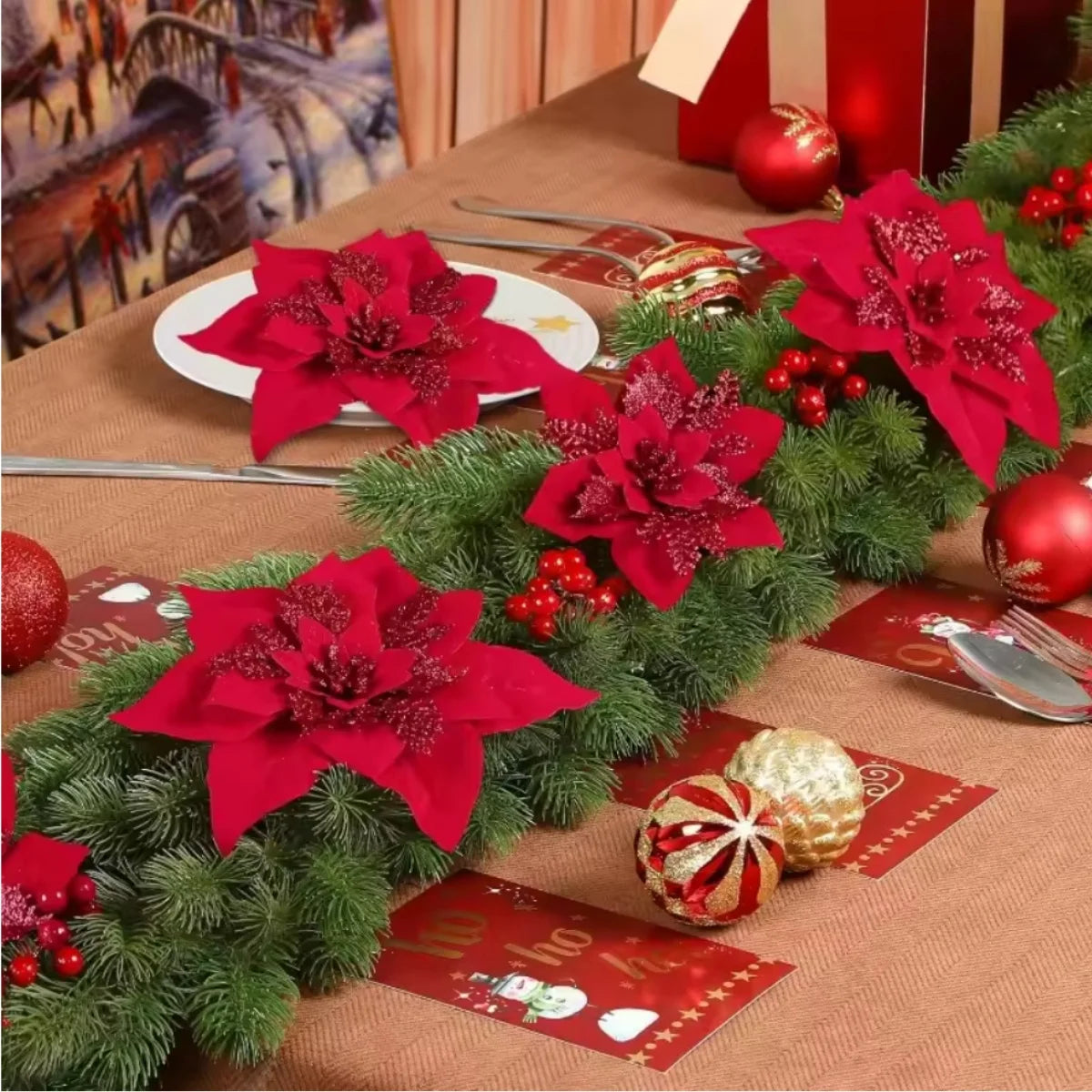 Large Glitter Artificial Christmas Flowers w/Clips Fake Flower