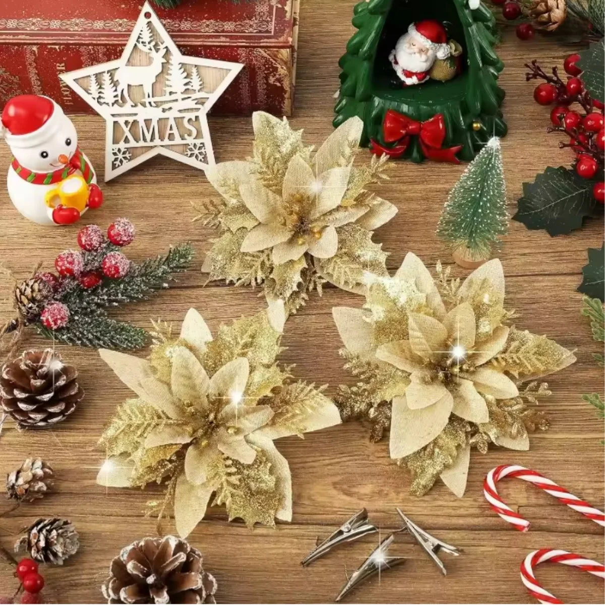 Large Glitter Artificial Christmas Flowers w/Clips Fake Flower