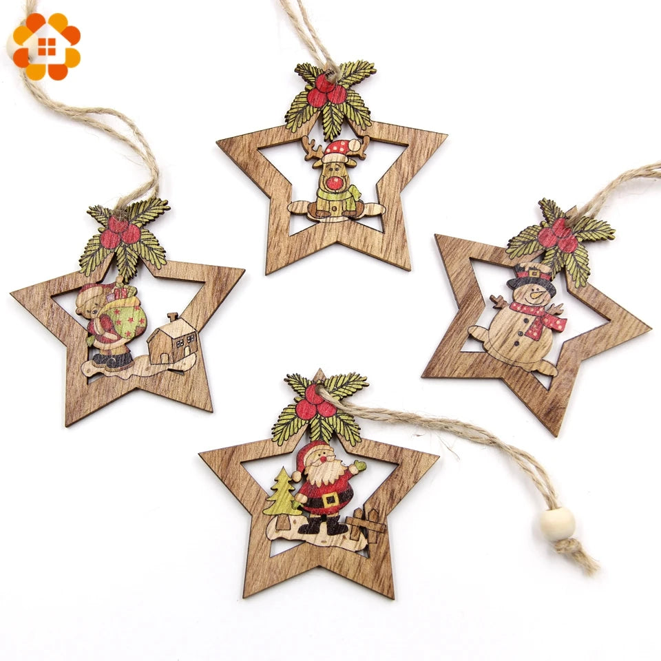 4PCS Christmas Star Wooden Pendants Ornaments Christmas