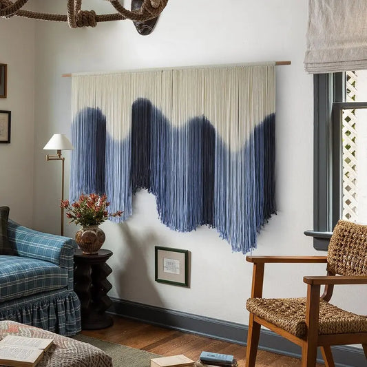 Macrame Wall Hanging Large Blue-Dip Dyed Fiber-Art Tapestry